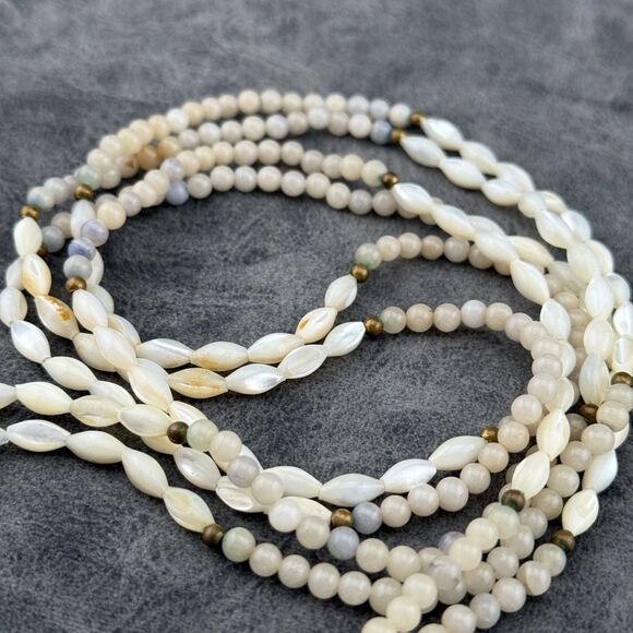 Vintage Natural Gemstone & Mother Of Pearl Rice Beads Necklace Double Strand 15" - Picture 3 of 13